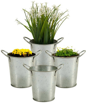 Arte r Plantenpot/bloempot emmer - 4x - rond - zink - zilver - D12 x H16 cm