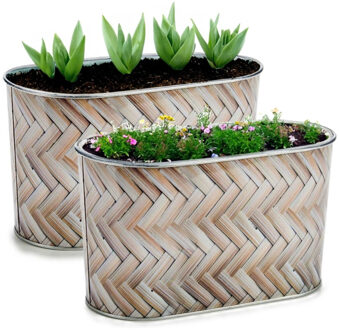 Arte r Plantenpot/bloempot teil - 2x - ovaal - zink - bruin - L22,5 x D11,5 x H12 cm