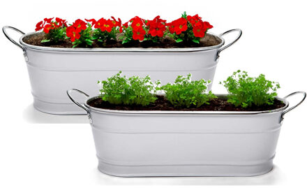 Arte r Plantenpot/bloempot teil - 2x - ovaal - zink - wit - L32,5 x D10,5 x H11 cm