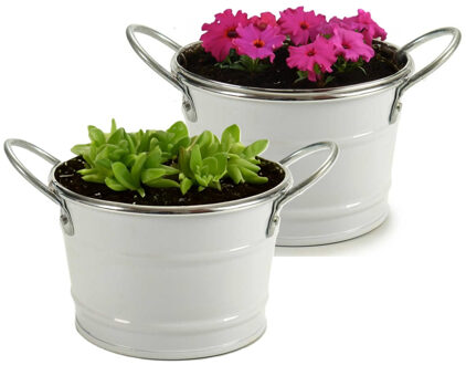 Arte r Plantenpot/bloempot teil - 2x - rond - zink - wit - D12 x H17 cm