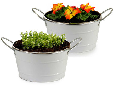 Arte r Plantenpot/bloempot teil - 2x - rond - zink - wit - D20 x H11 cm