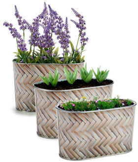Arte r Plantenpot/bloempot teil - 3x - ovaal - zink - bruin - L23,5 x D2,7 x H15 cm
