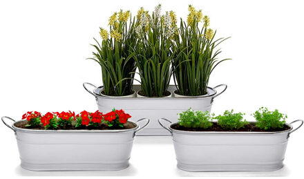 Arte r Plantenpot/bloempot teil - 3x - ovaal - zink - wit - L32,5 x D10,5 x H11 cm
