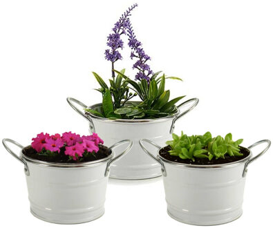 Arte r Plantenpot/bloempot teil - 3x - rond - zink - wit - D12 x H17 cm