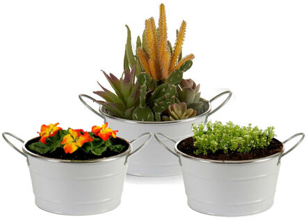 Arte r Plantenpot/bloempot teil - 3x - rond - zink - wit - D20 x H11 cm