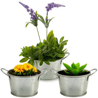 Arte r Plantenpot/bloempot teil - 3x - rond - zink - zilver - D12 x H17 cm