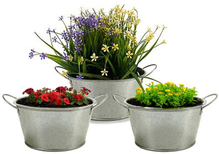 Arte r Plantenpot/bloempot teil - 3x - rond - zink - zilver - D20 x H15 cm