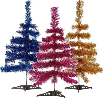 Arte r Set van 3x kleine glitter folie kerstbomen 60 cm - Diverse kleuren - Kunstkerstboom Blauw