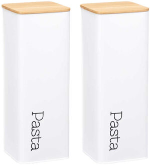 Arte r Voorraadpot - 2x - Pasta/Spaghetti?- metaal/bamboe - wit - 8 x 8 x 27 cm