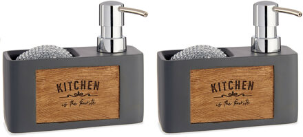 Arte r Zeeppompje/dispenser - 2x - met houder - kunststof hout - grijs - 15 x 13 cm - navulbaar