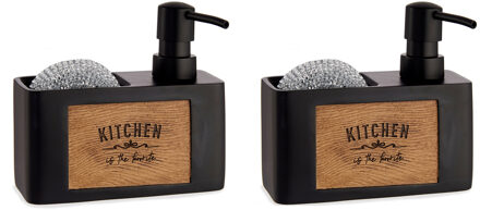 Arte r Zeeppompje/dispenser - 2x - met houder - kunststof hout - zwart - 15 x 13 cm - navulbaar