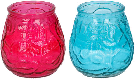 arti casa 4x stuks citronella Lowboy tafelkaarsen - 10 cm - blauw en rood glas