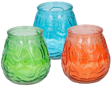 arti casa 6x stuks citronella Lowboy tafelkaarsen - 10 cm - blauw-oranje-groen glas