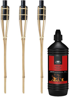 arti casa Tuinfakkels met lampenolie - 3x stuks - 60 cm - bamboe hout - buiten - navulbaar