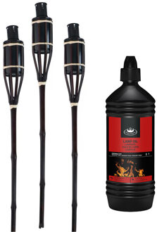 arti casa Tuinfakkels met lampenolie - 3x stuks - 60 cm - bamboe hout - buiten - navulbaar