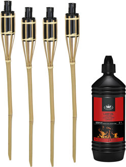arti casa Tuinfakkels met lampenolie - 4x stuks - 60 cm - bamboe hout - buiten - navulbaar