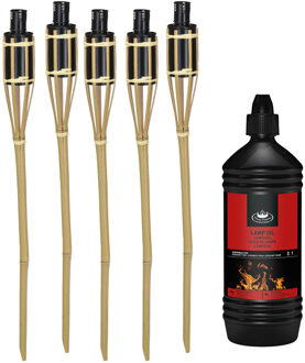 arti casa Tuinfakkels met lampenolie - 5x stuks - 60 cm - bamboe hout - buiten - navulbaar