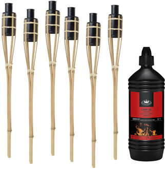 arti casa Tuinfakkels met lampenolie - 6x stuks - 60 cm - bamboe hout - buiten - navulbaar