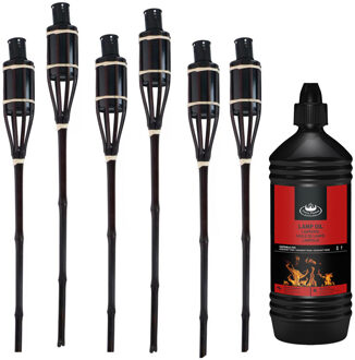 arti casa Tuinfakkels met lampenolie - 6x stuks - 60 cm - bamboe hout - buiten - navulbaar