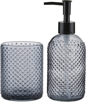 arti casa Zeep pompje/dispenser - incl. extra drinkglas - set - glas - grijs - 15 x 19 x 8 cm