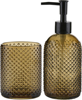 arti casa Zeep pompje/dispenser - incl. extra drinkglas - set - glas - okergeel - 15 x 19 x 8 cm