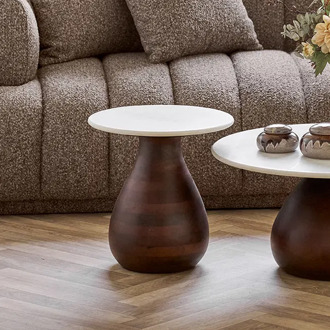 Artichok Herre houten bijzettafel bruin met wit marmer blad - Ø40