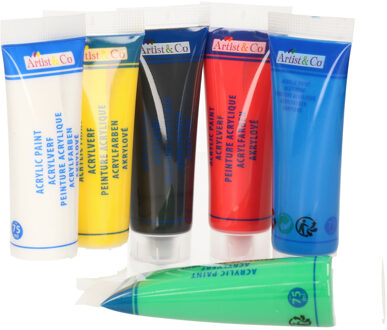 Artist & Co Acrylverf - 6 tubes - 6 kleuren - 75 ml per tube - hobbyverf op waterbasis