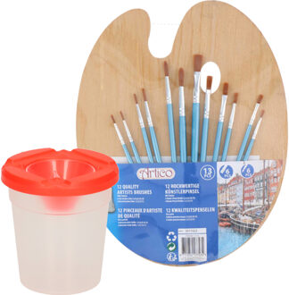 Artist & Co Set van 12x stuks schilder penselen met houten palet en water potje