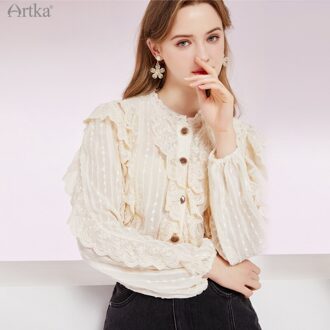 Artka Lente Vrouwen Blouse Elegante Kant Paleis Stijl Chiffon Shirts Kant Ruche Lantaarn Mouw Wit Overhemd SA28012C