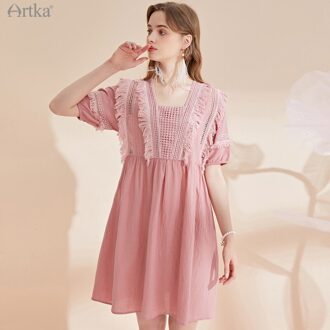Artka Zomer Vrouwen Jurk Elegante Bohemen Kwastje Roze Jurk Vintage Vierkante Kraag Losse Midi Jurken LA25211C