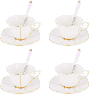 ARTVIGOR 12-Piece New Bone China Coffee and Tea Service Set Gold Rimmed 6.8oz / 200ml Cup & Saucer Sets with Spoons for 4person