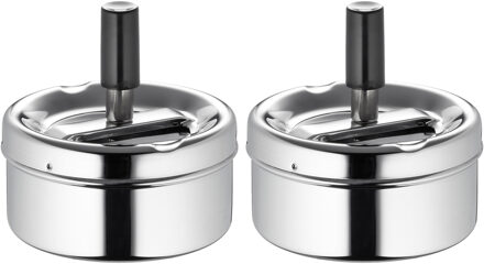 Asbak - 2x - draaiasbak - drukasbak - terrasasbak - chroom - metaal - D9 x H9 cm