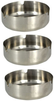 Asbak rond - 3x stuks - RVS metaal - zilvergrijs - 9 x 3 cm