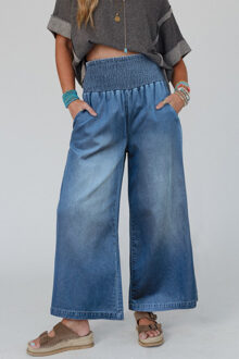 Ashleigh Blue Smocked Taille Wijde Pijpen Jeans Blauw
