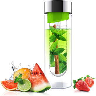 Asobu Flavour It Drinkbeker - Glas - Incl Fruitinfuse - 480 Ml - Zilver/groen