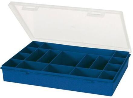 assortimentsdoos, 17 vaste compartimenten, transparant deksel, stapelbaar, 330 x 274 x 54 mm, blauw Wit