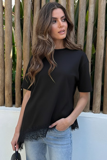 Asymmetrisch Lace T-Shirt Zwart