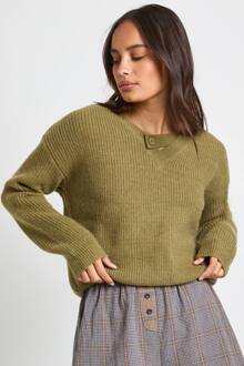 Asymmetrische Gebreide Trui Met Knoopdetail Bij De Nek, Khaki - L