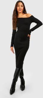 Asymmetrische Geribbelde Midi-Jurk Met Lange Mouwen, Black - 44