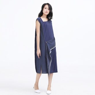 Asymmetrische streep trapeze midi -jurk - maat Blauw