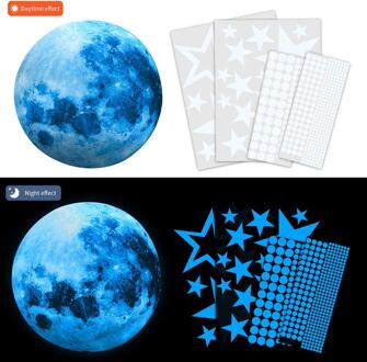 Asypets 30Cm Blauwe Maan 435Pcs Blauw Lichtgevende Moon Star Sticker 166Pcs Star Decal Decoratie 435stk
