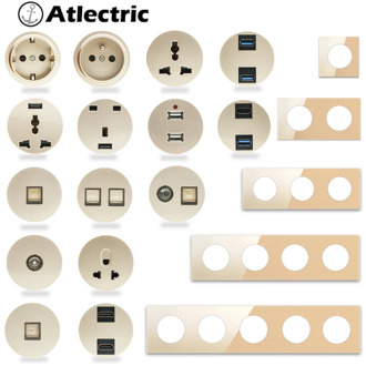 Atlectric Usb Wall Power Socket Golden Crystal Glass Panel EU UK FR Socket TV CAT6 HIMI Outlet Function Key DIY Free Combination