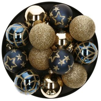Atmosphera 15x stuks kerstballen mix goud/blauw gedecoreerd kunststof 5 cm - Kerstbal Multikleur