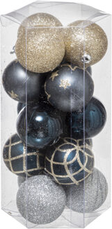 Atmosphera 15x stuks kerstballen mix goud/blauw/zilver gedecoreerd kunststof 5 cm - Kerstbal Multikleur