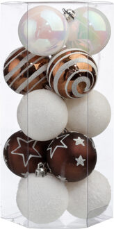 Atmosphera 15x stuks kerstballen mix wit/bruin gedecoreerd kunststof 5 cm - Kerstbal Multikleur