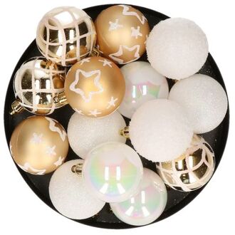 Atmosphera 15x stuks kerstballen mix wit/goud gedecoreerd kunststof 5 cm - Kerstbal Multikleur