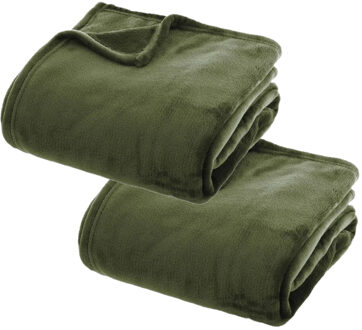 Atmosphera 2x Stuks Fleece deken/fleeceplaid olijf groen 130 x 180 cm polyester