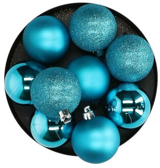 Atmosphera 8x stuks kerstballen turquoise blauw glans en mat kunststof 7 cm - Kerstbal