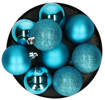 Atmosphera 9x stuks kerstballen turquoise blauw glans en mat kunststof 6 cm - Kerstbal