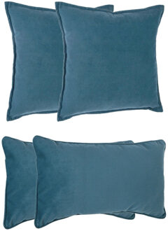 Atmosphera Bank/sierkussens Sophia - set 4x - Blauw - polyester - met rits - In 2 formaten - Sierkussens